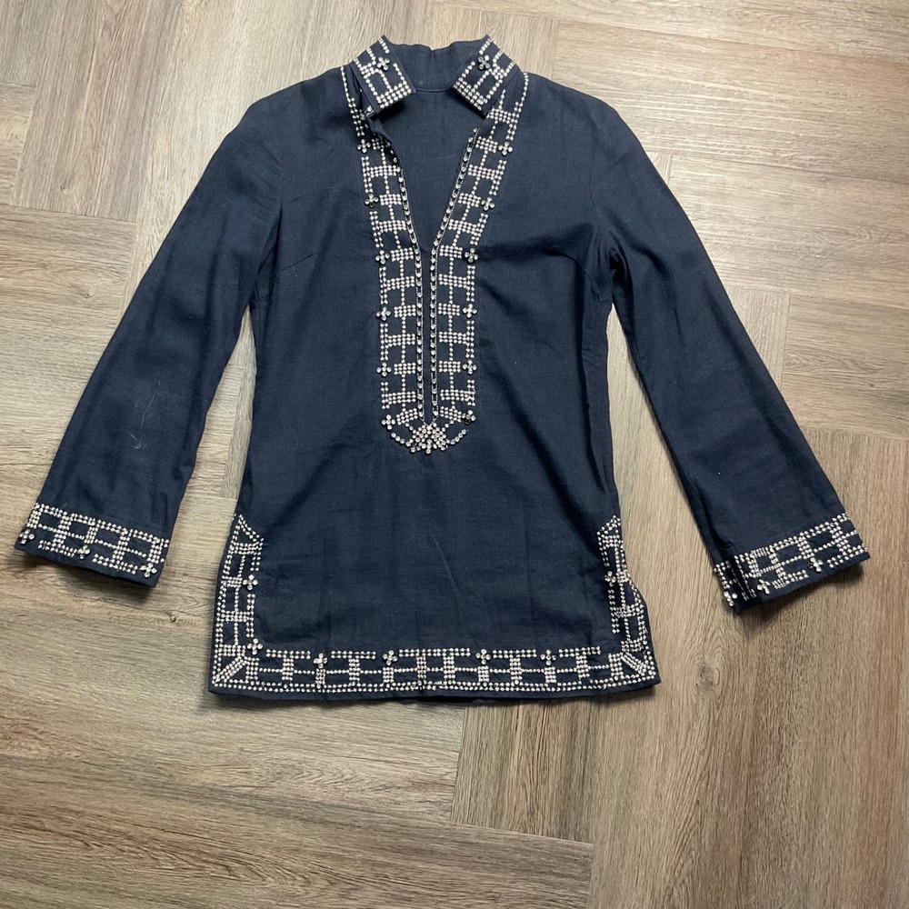 Kenar Tunic Top Womens Small Navy Blue Rhinestone Linen Holiday Side Slits